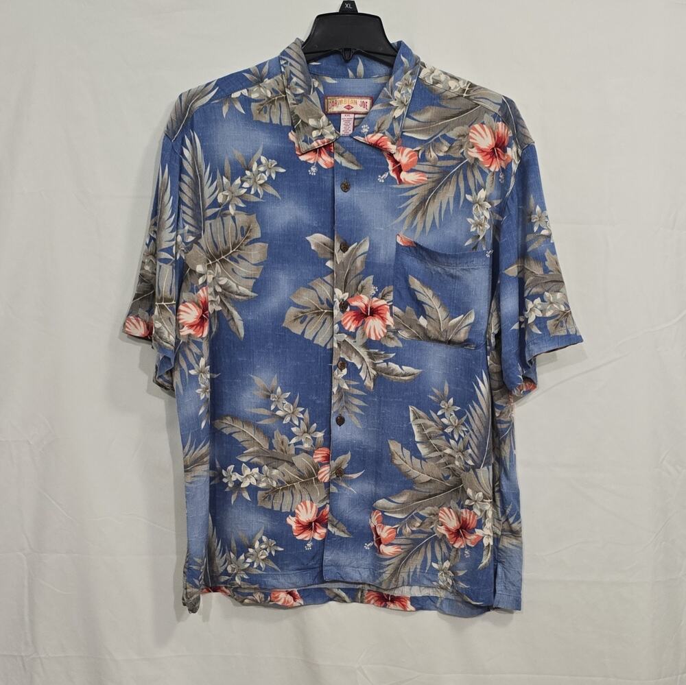 Caribbean Joe Men's XXL Blue Floral Hawaiian Button Up Short Sleeve Pockets